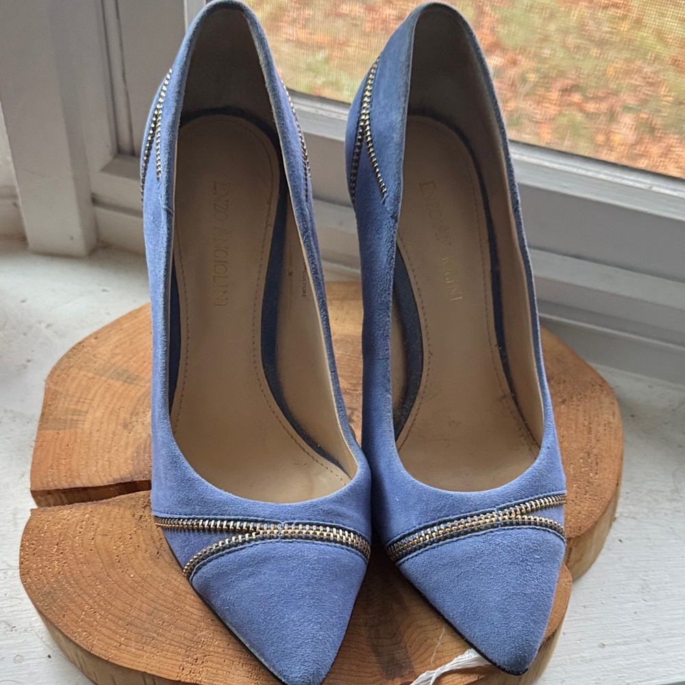 Enzo Angiolini Blue Suede Heels with Zipper Detail